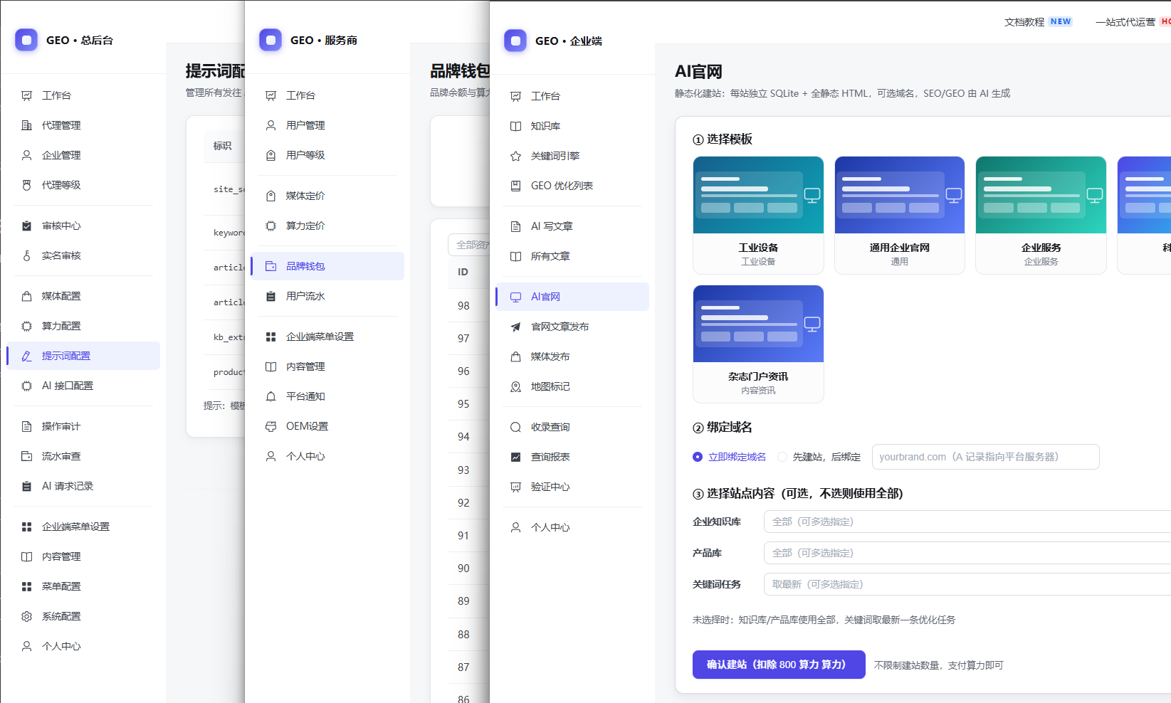 GEO系统三级租户：总后台、服务商、企业三端菜单