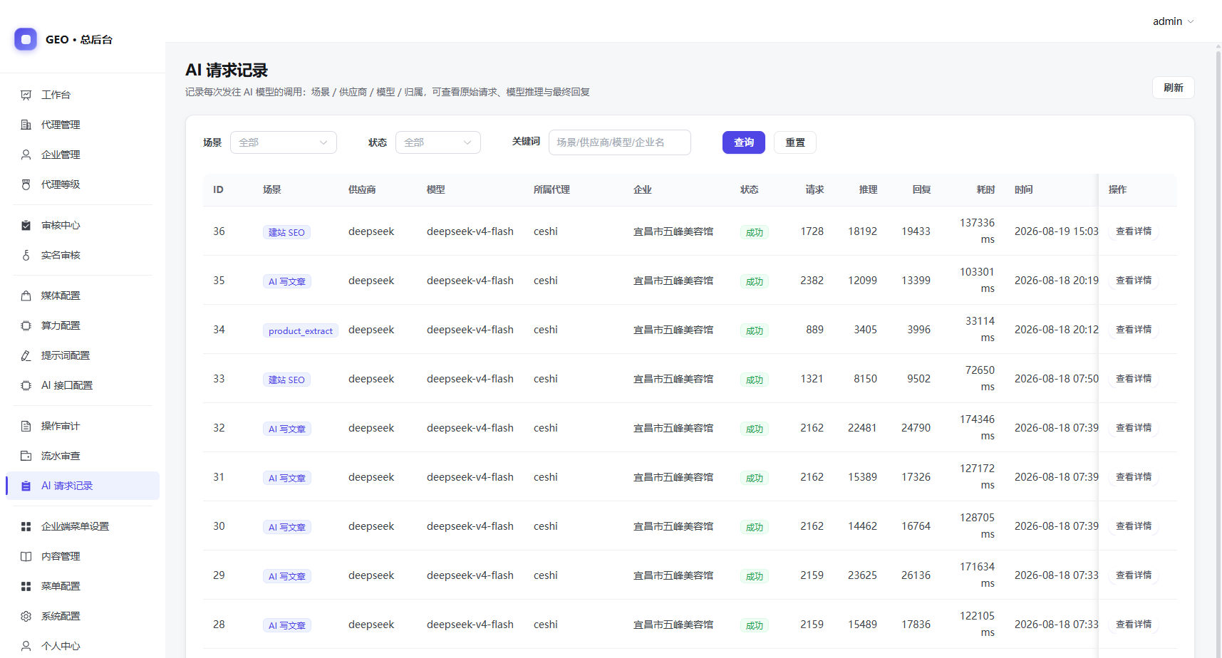 总后台AI请求与流水记录截图