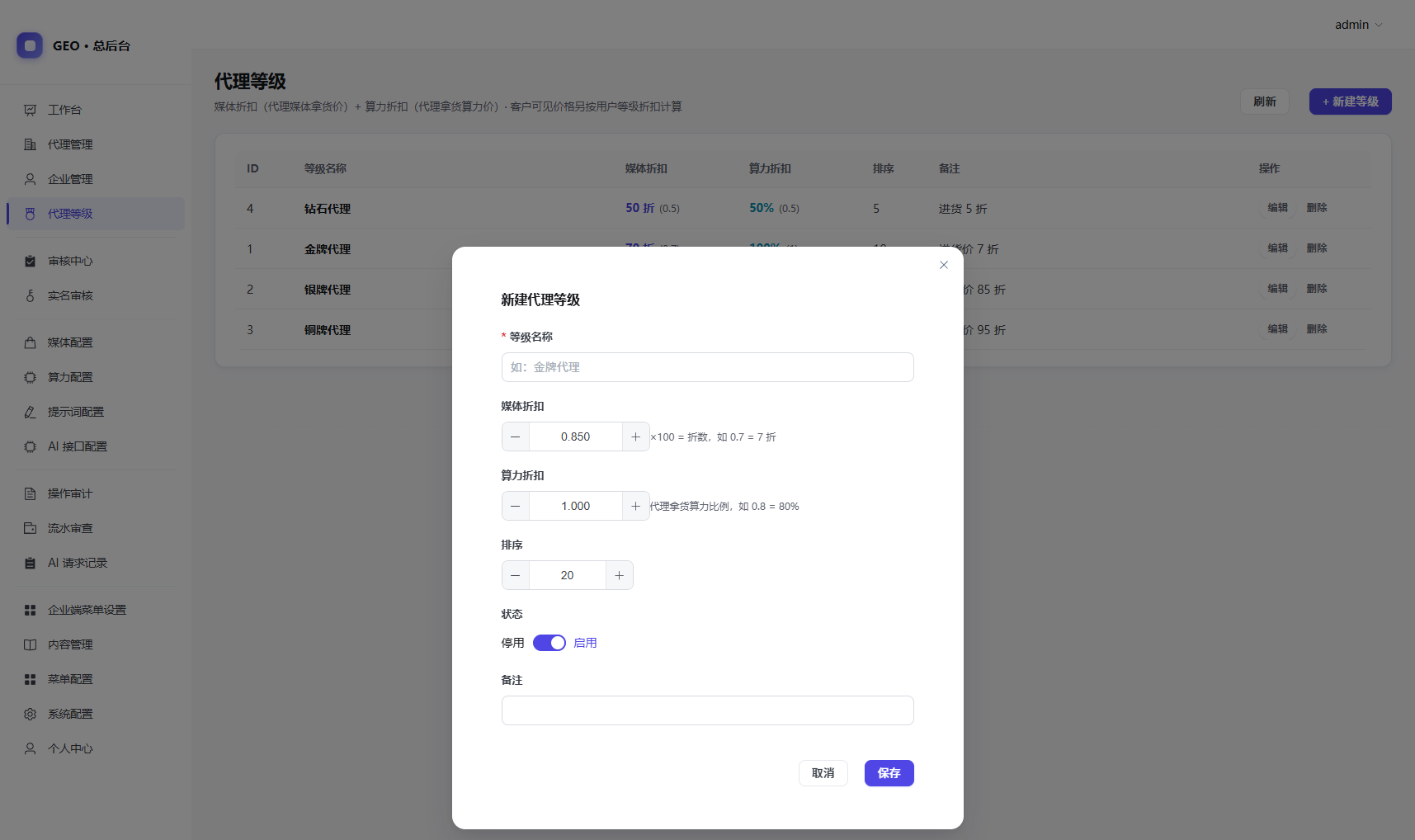 GEO系统三级多租户:总后台服务商等级管理
