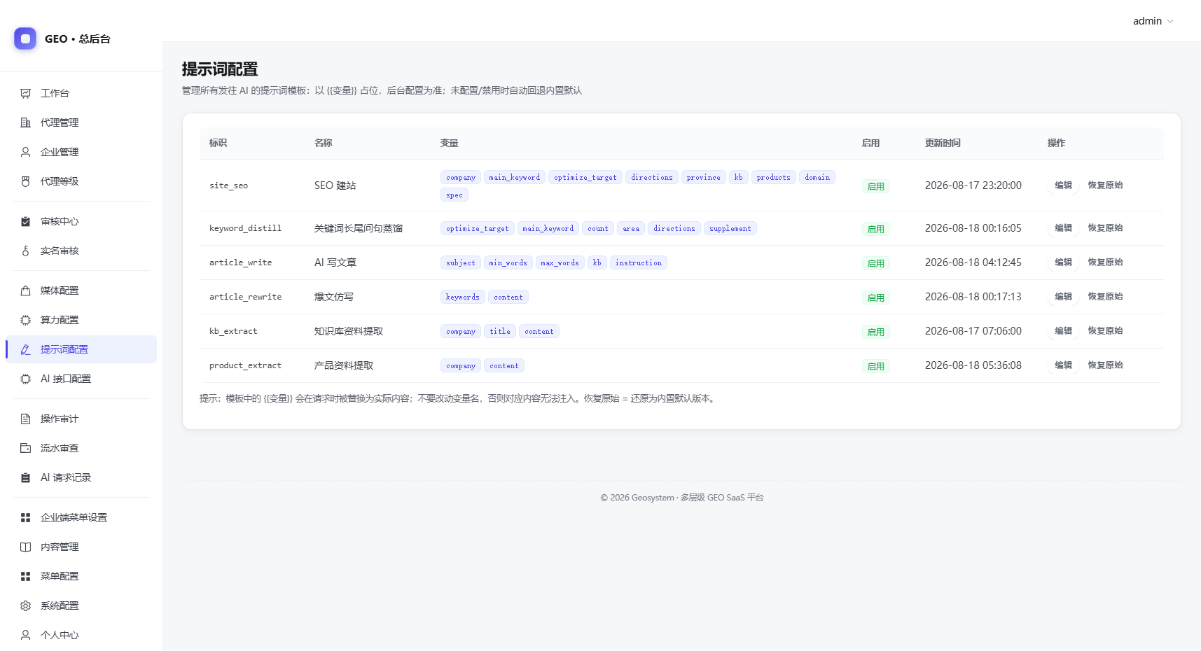 总后台模型网关提示词配置截图
